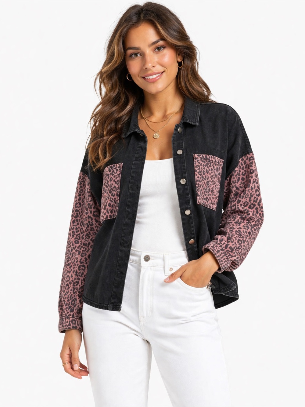 Black Denim Jacket with Pink Leopard Print Sleeves Size Medium